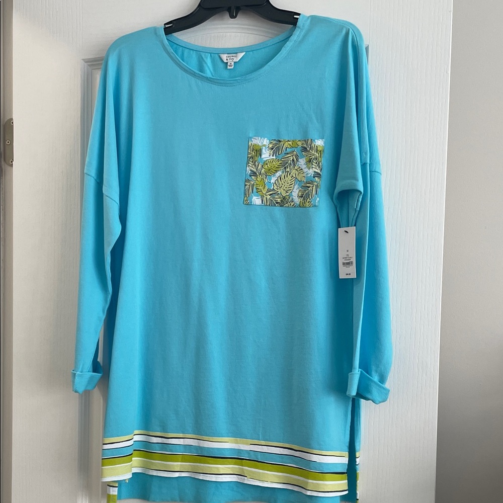 crown & ivy Turquoise Long Sleeve Tee with Tropical Pocket